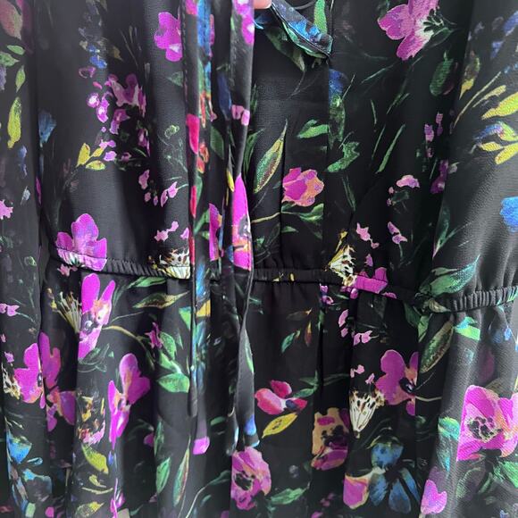 Nicole Miller Floral Printed V-Neck Sheer Puff Sleeve Black Purple Career Top - Picture 5 of 9